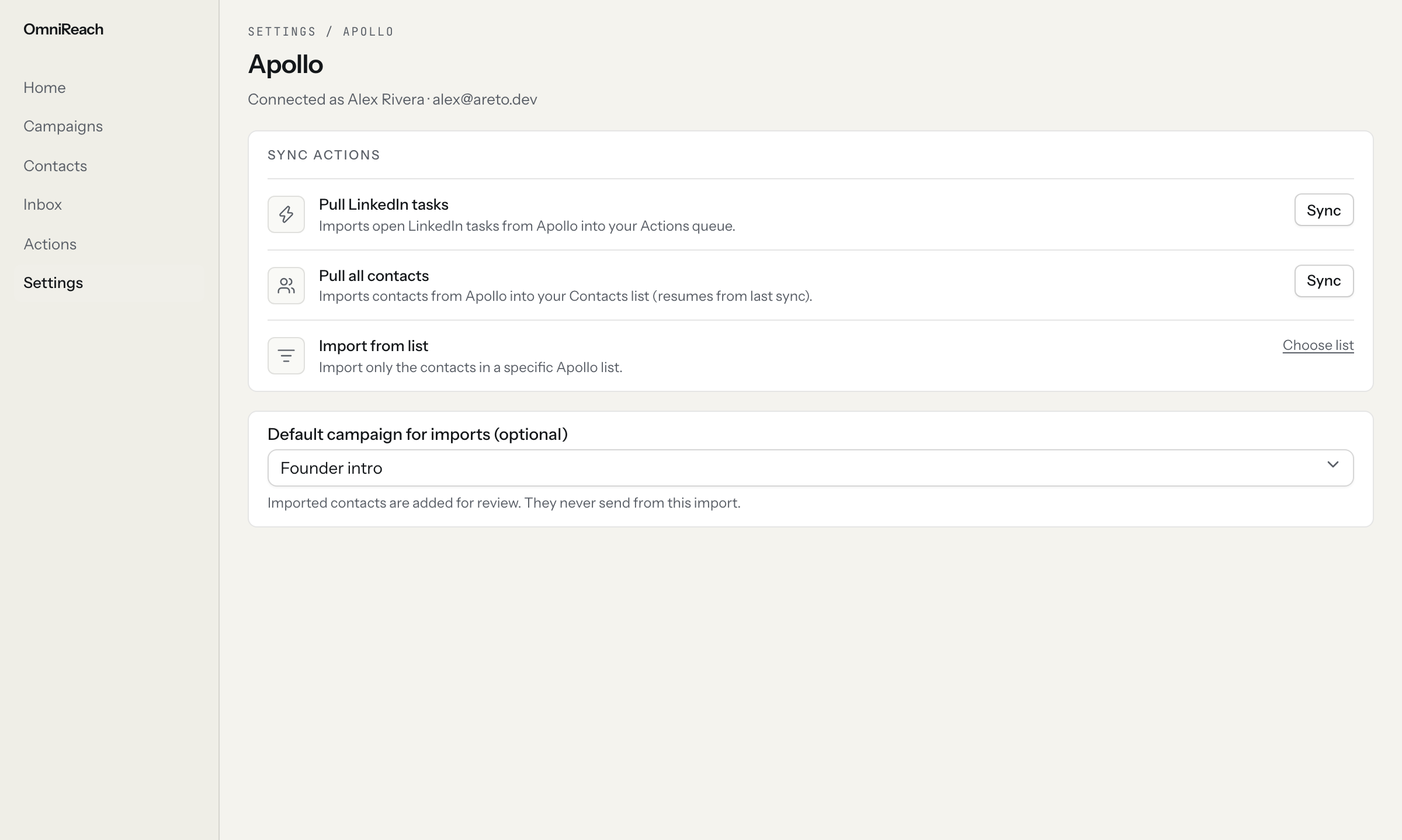 Settings → Apollo after connect: Pull LinkedIn tasks, Pull all contacts, Import from list, and Default campaign for imports.