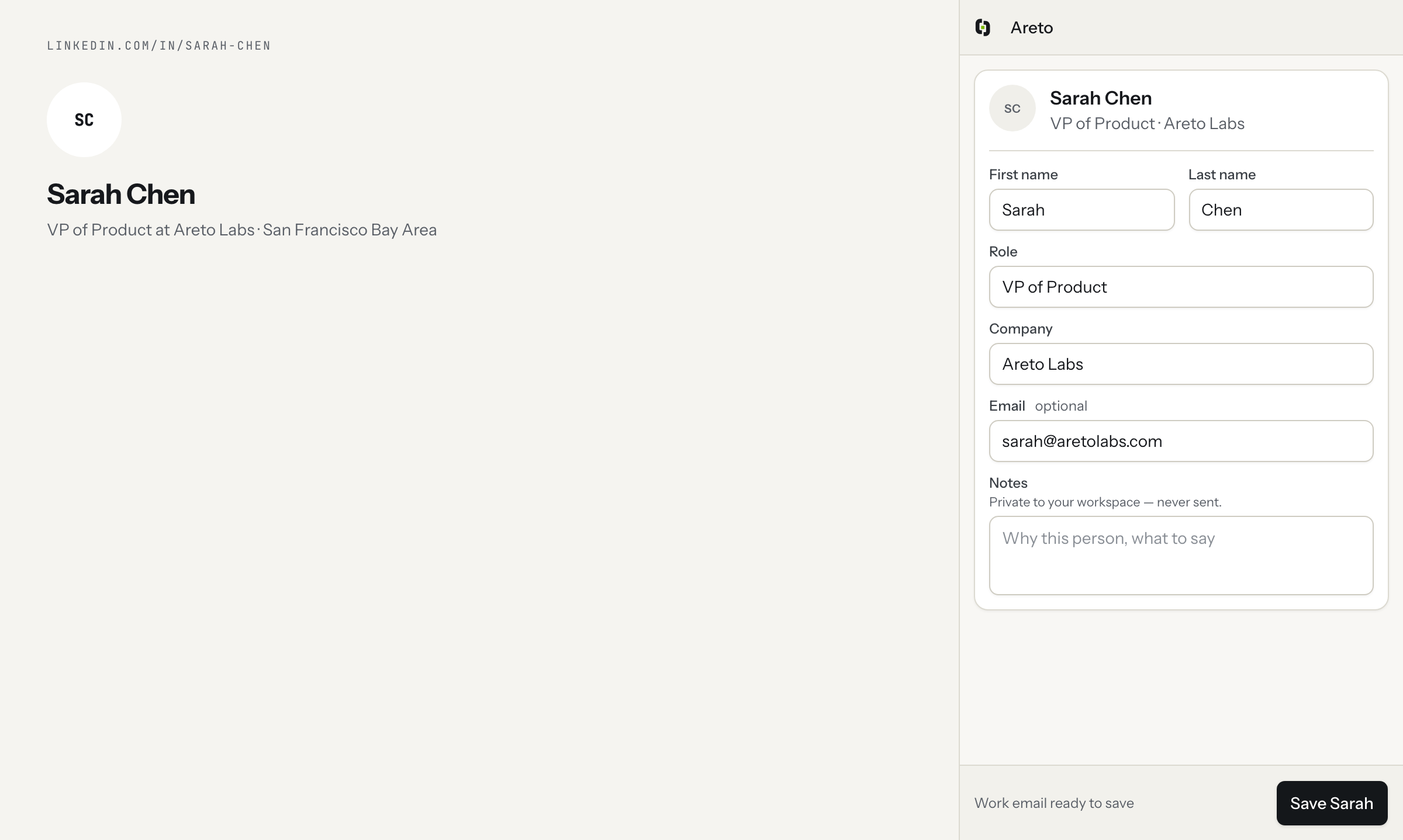 OmniReach Chrome side panel with a work email revealed for the open LinkedIn profile.