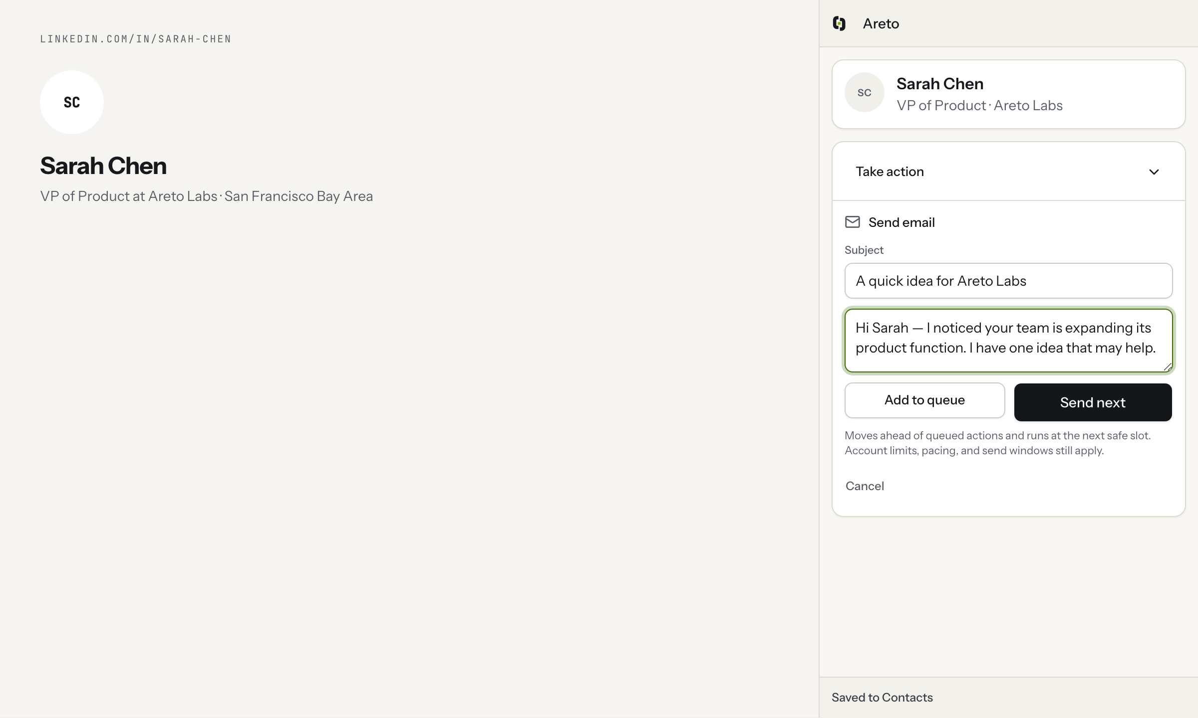 One-off email composer in the Chrome side panel with Add to queue and Send next actions.
